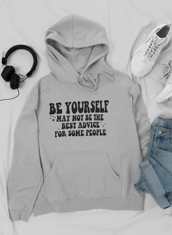 Light gray hoodie with drawstring hood, front pocket, and “BE YOURSELF” graphic