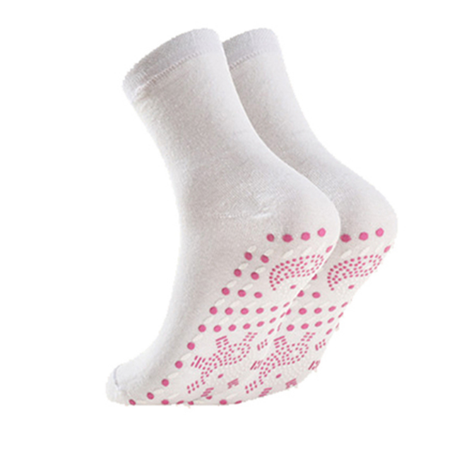 Winter self-heating health care socks, white with pink dot grip pattern