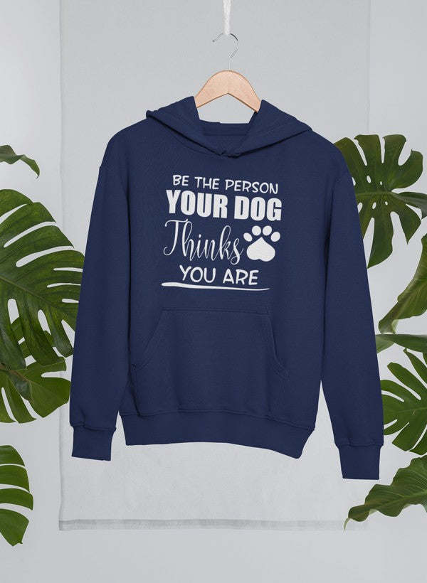 Navy hoodie with dog-paw graphic and quote text on front