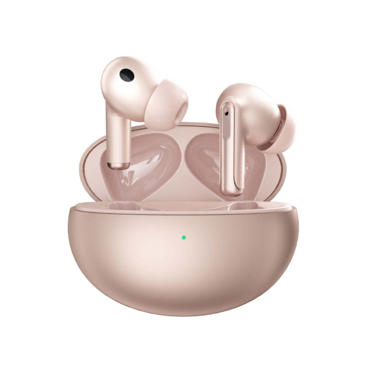 Pearl pink wireless earbuds with charging case, earbuds standing out