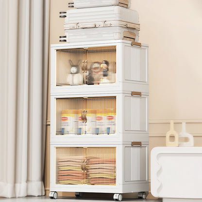 3Pcs Foldable Storage Bins with Lid Front Magnetic Door Collapsible Stackable Closet Organizer Containers with 4Pcs 360° Rotatable Wheels 8Pcs Small Wheels