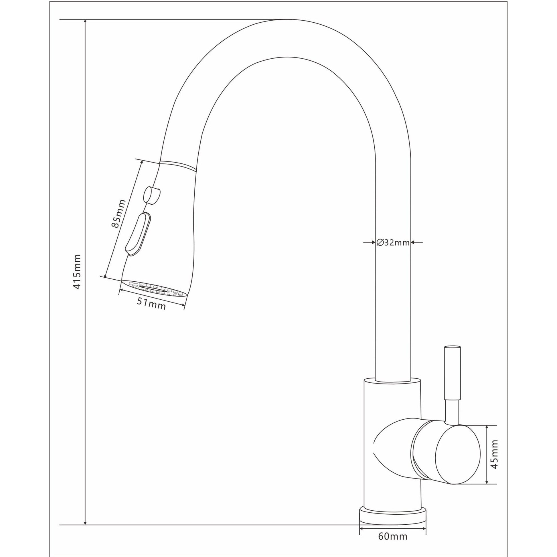 Pull-down kitchen faucet layout diagram with single lever and curved spout
