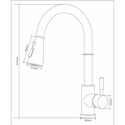 Pull-down kitchen faucet layout diagram with single lever and curved spout