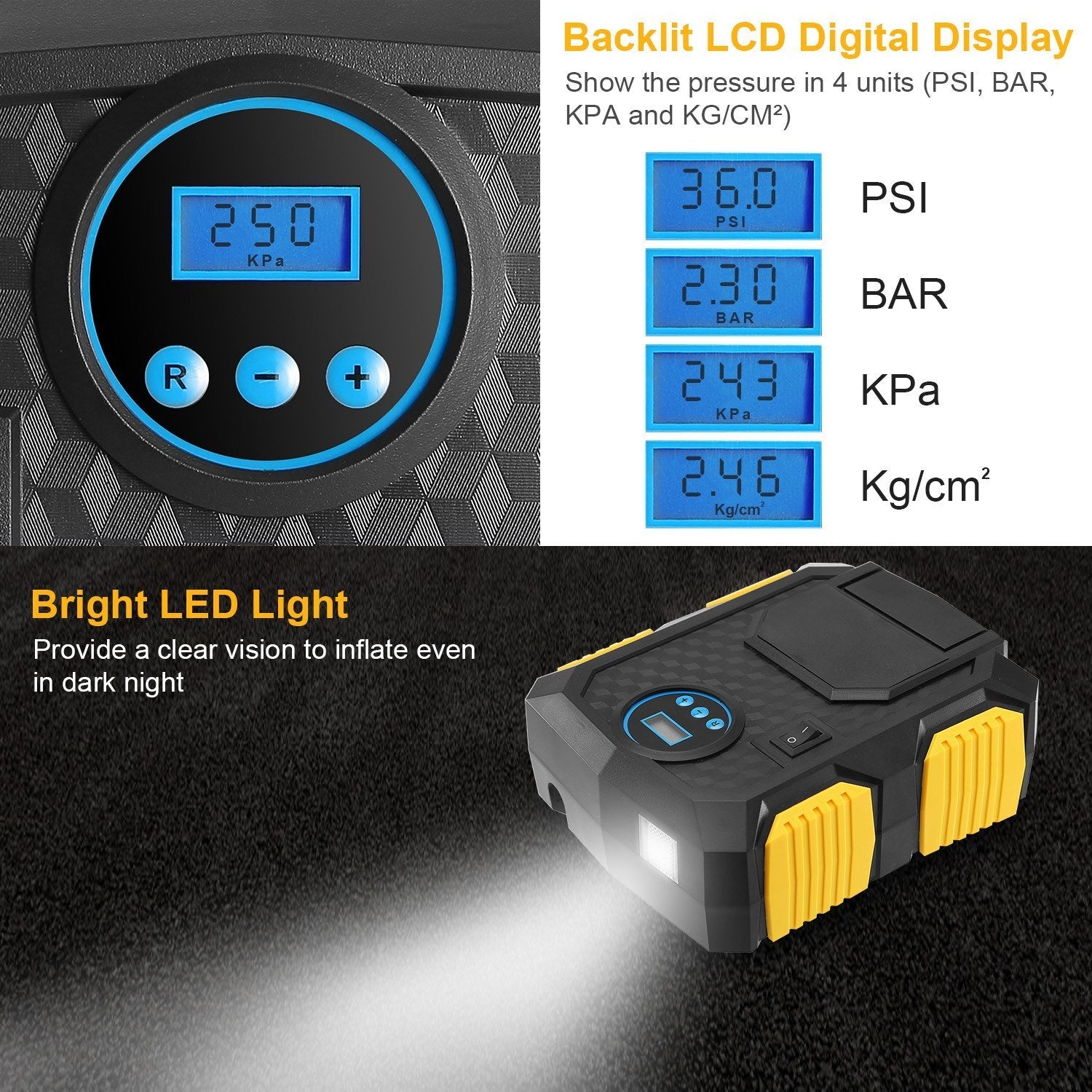 Tire inflator pump with backlit LCD display and bright LED light
