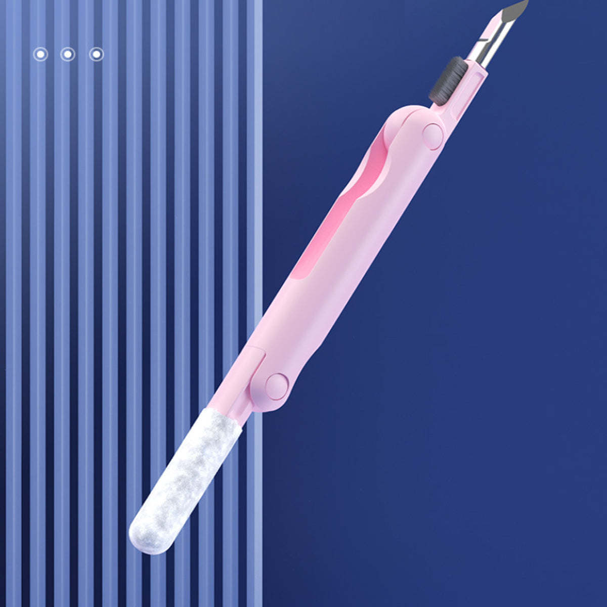 Pink-and-white cleaning gadget with retractable handle and gray brush tip