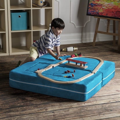 Teal microsuede modular kids loveseat with recessed play area and two fold-out sections.