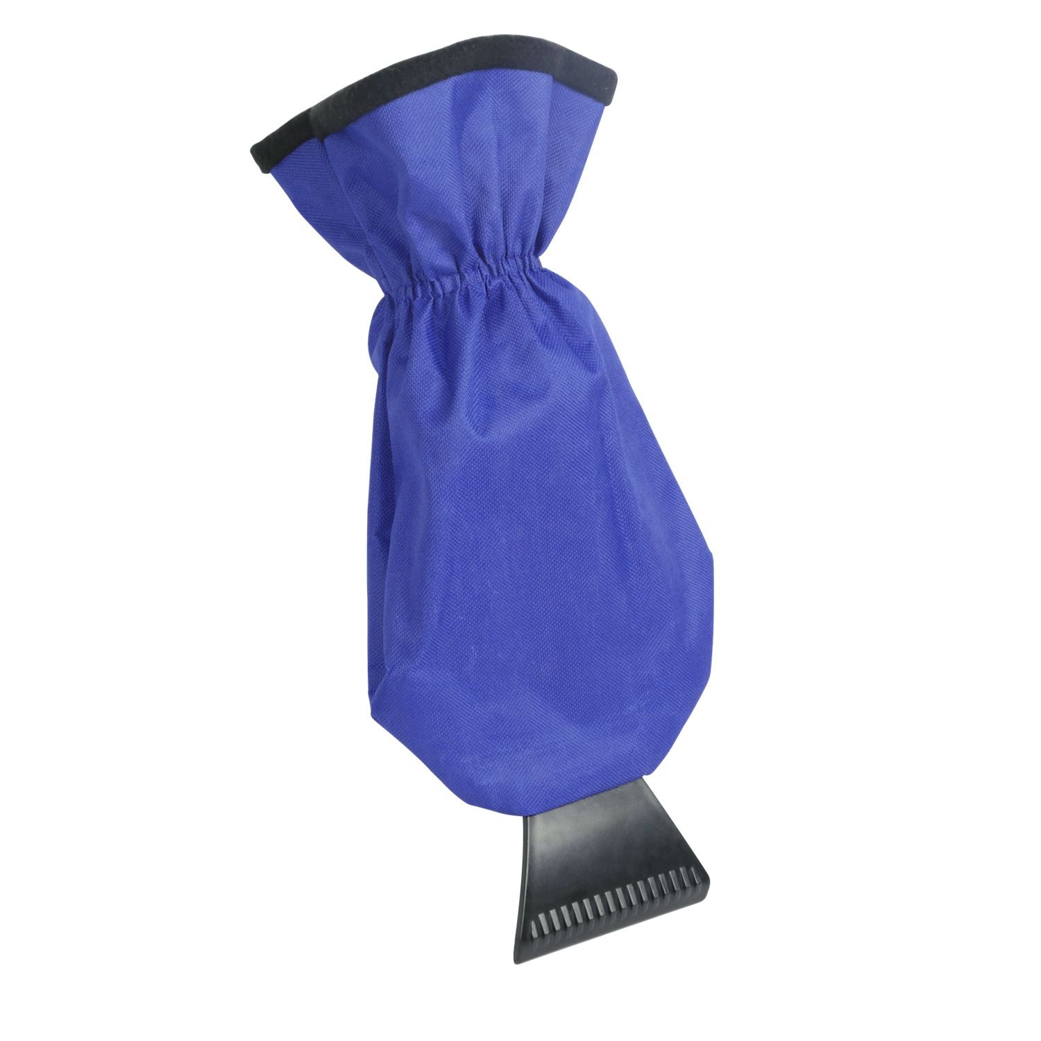 Blue ice scraper glove mitt with black trim and ridged rubber scraper blade