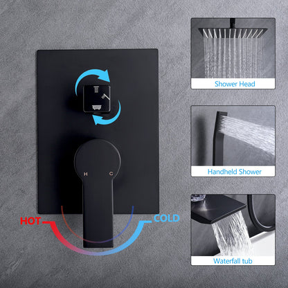 Matte black shower control panel with temperature/volume handle and hot/cold icons
