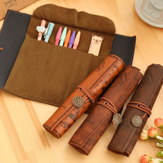 Brown vintage map PU leather roll-up pen pouch with elastic slots and colored markers inside
