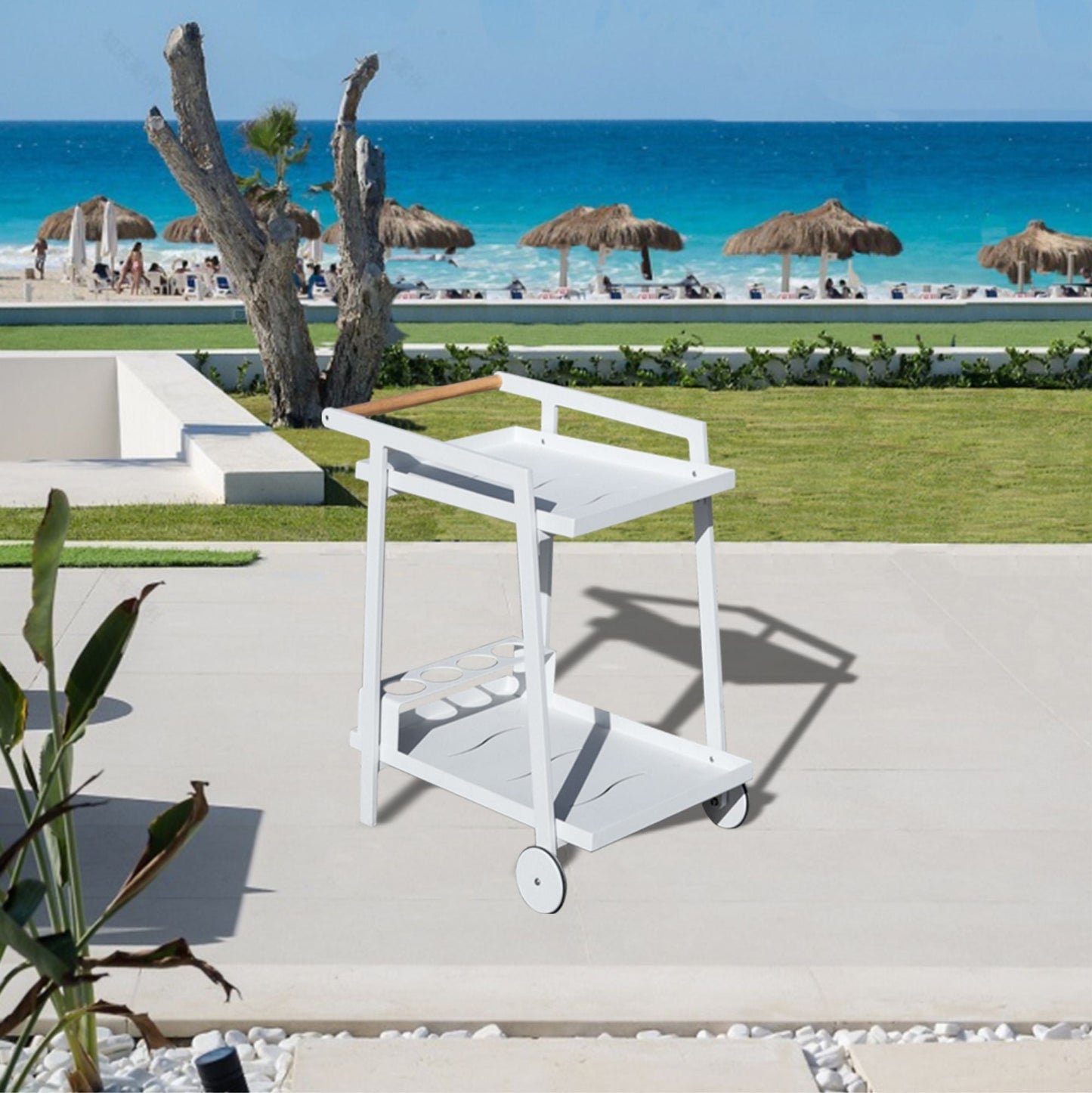 Aluminum White Indoor/Outdoor Patio Serving Dual-layer Cart with Teak Handle