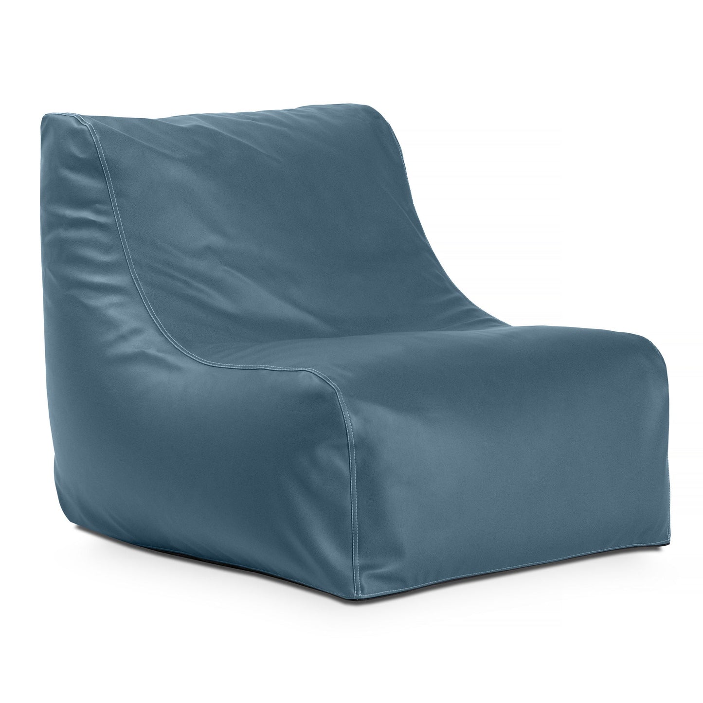 Bay navy blue bean bag chair with padded arms and curved back, marine vinyl