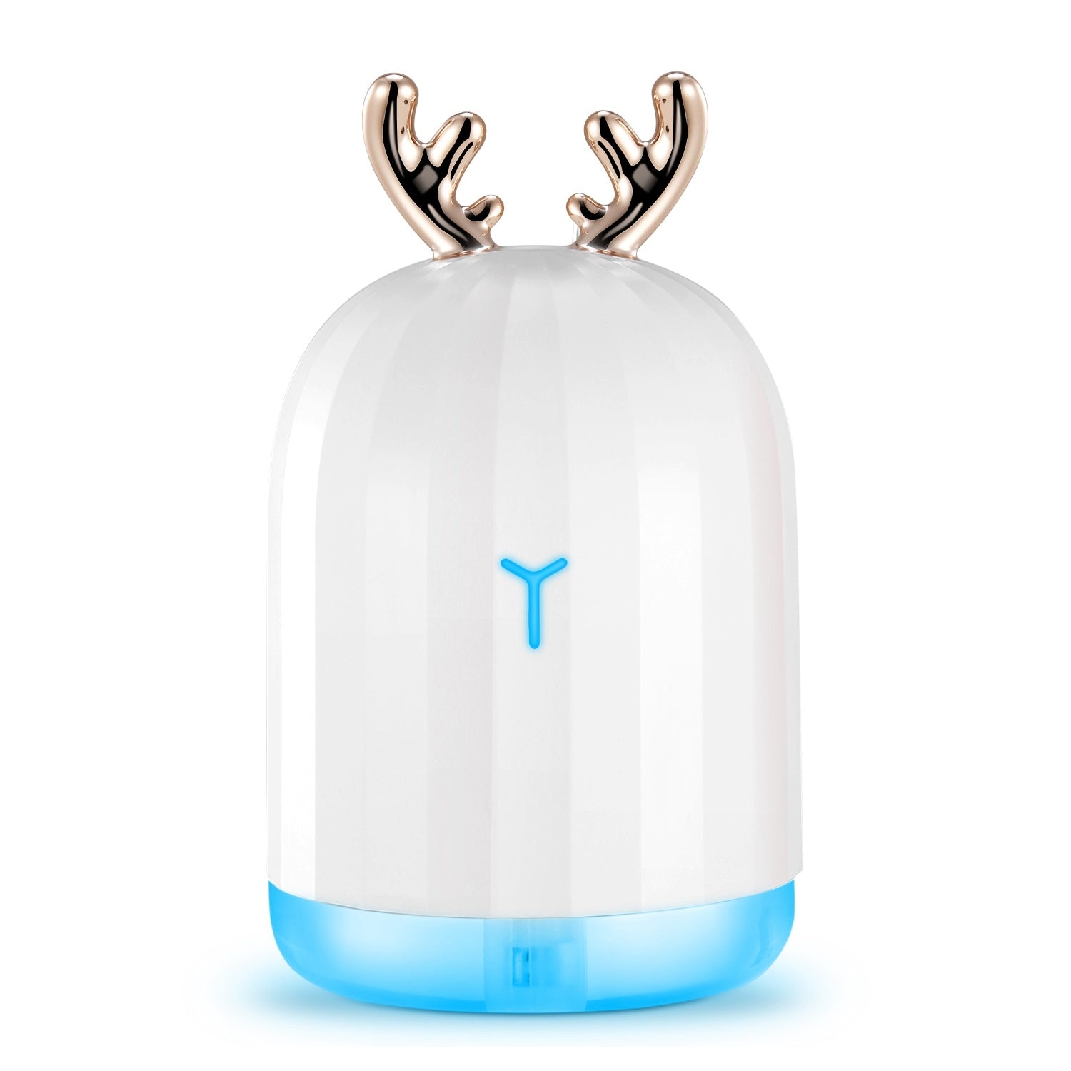 White cool mist humidifier with rose-gold antler top and blue lit base