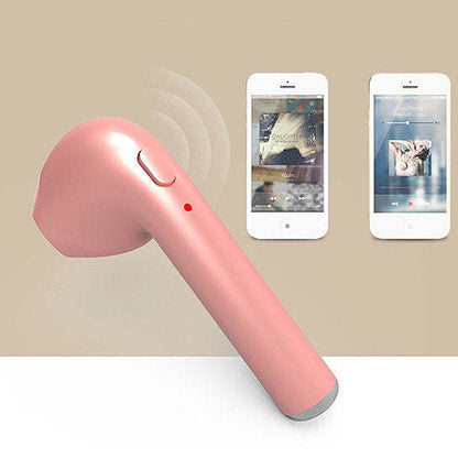Pink wireless earbud with two smartphones displaying media apps
