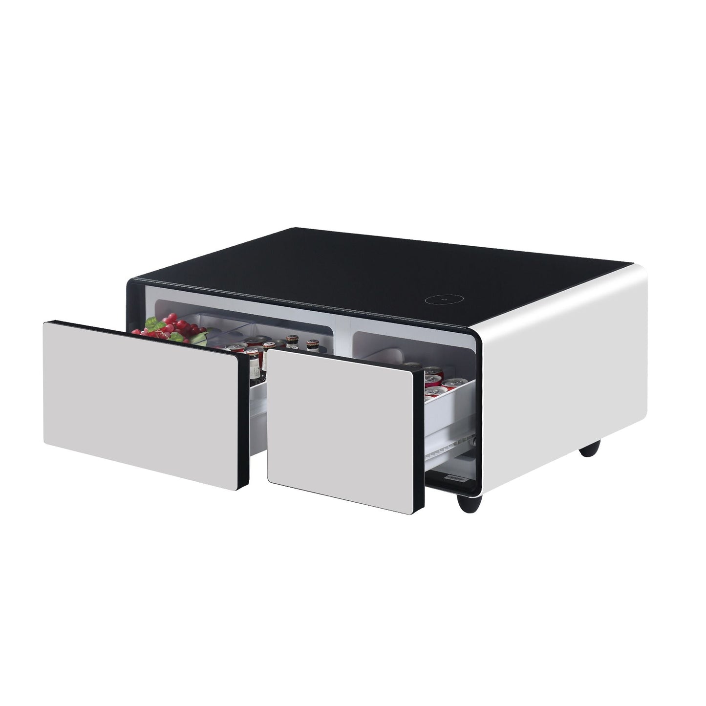 Modern Smart mini Coffee Table with Built in Fridge;  Outlet protection; Wireless charging module; Mechanical temperature control; Power socket; USB interface And power interface.