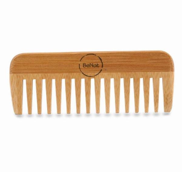 Bamboo hair comb with wide teeth and rounded wooden frame
