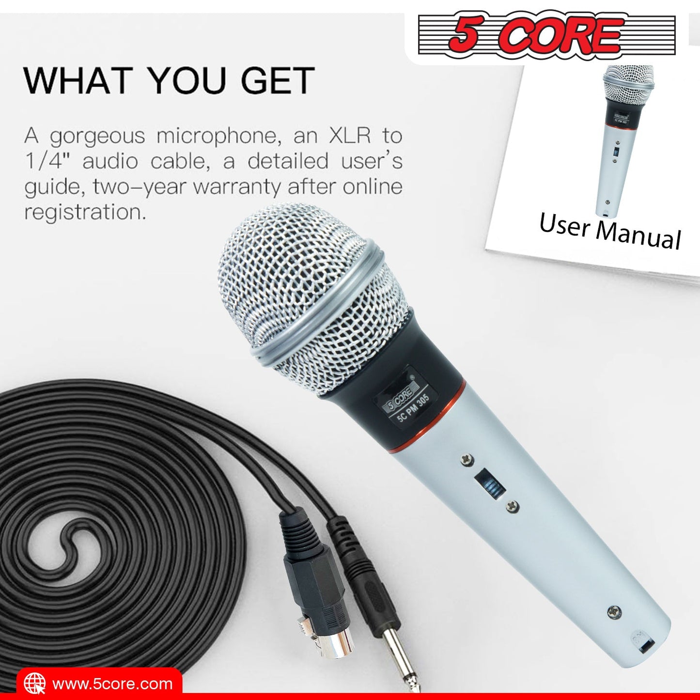 Wired handheld microphone bundle with black cable and XLR to 1/4 in connector.