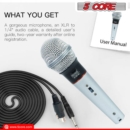 Wired handheld microphone bundle with black cable and XLR to 1/4 in connector.