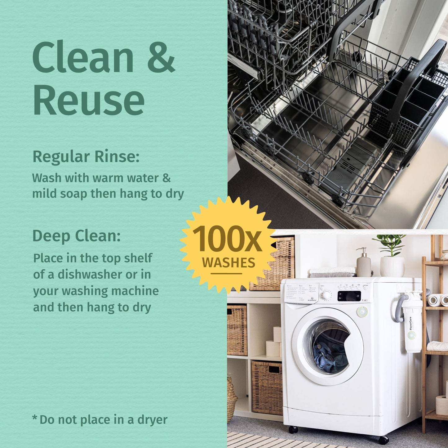 Skadu multi-surface wipe shown with dishwasher and washing machine icons for reuse