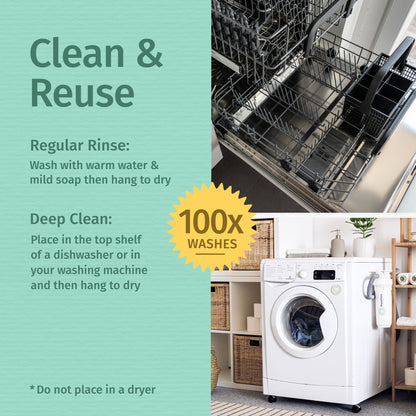 Skadu multi-surface wipe shown with dishwasher and washing machine icons for reuse