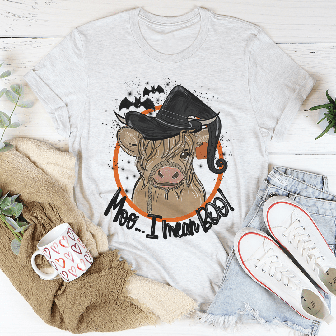 Light gray crew-neck cow T-shirt with black hat graphic and 'Moo... I Dream Boo'