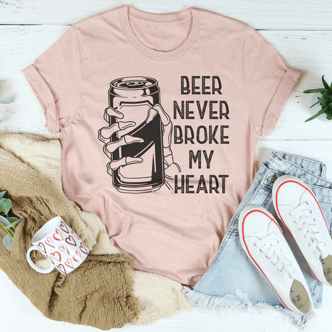 Light pink crew-neck T-shirt with black beer graphic and slogan print on front