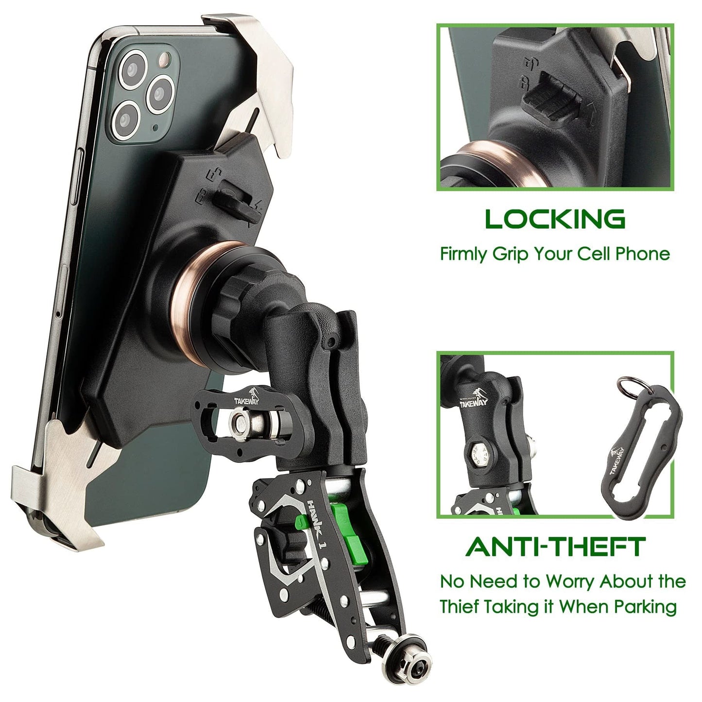 Adjustable phone clamp mount with locking cradle, black mount on handlebar clamp