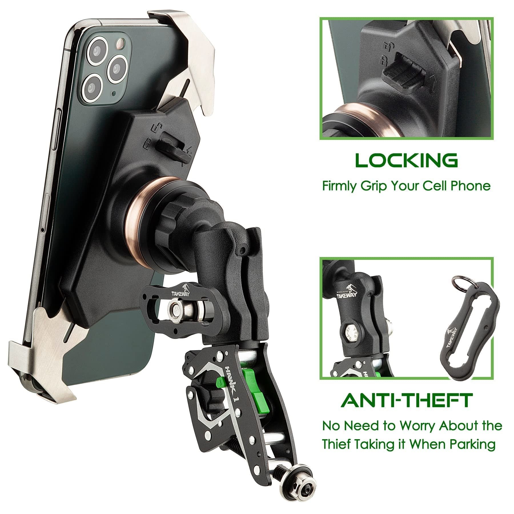 Adjustable phone clamp mount with locking cradle, black mount on handlebar clamp