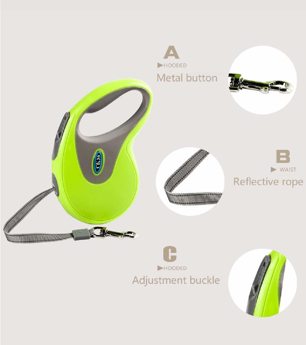 Lime green retractable pet leash with metal button, gray reflective cord, adjustment buckle