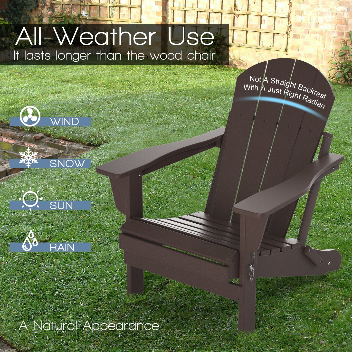 Folding adirondack chair in dark brown on outdoor grass