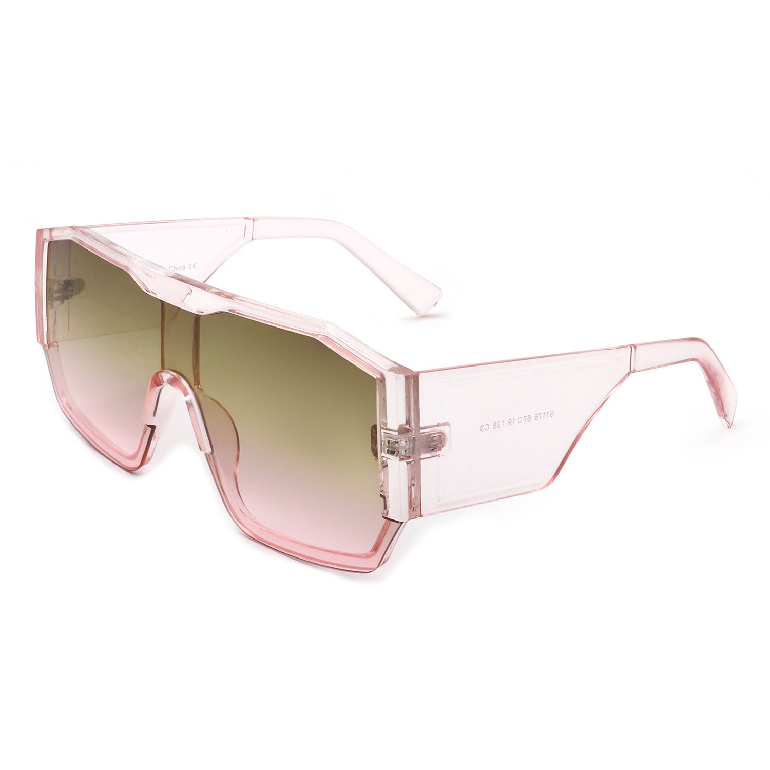 Oversize square aviator sunglasses, side view, pale pink frame and light tinted lenses
