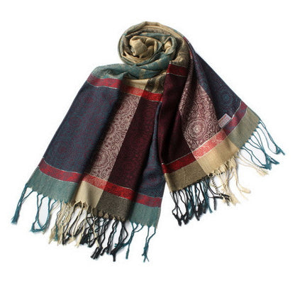 Plaid pashmina shawl with teal, burgundy, beige panels and fringed ends