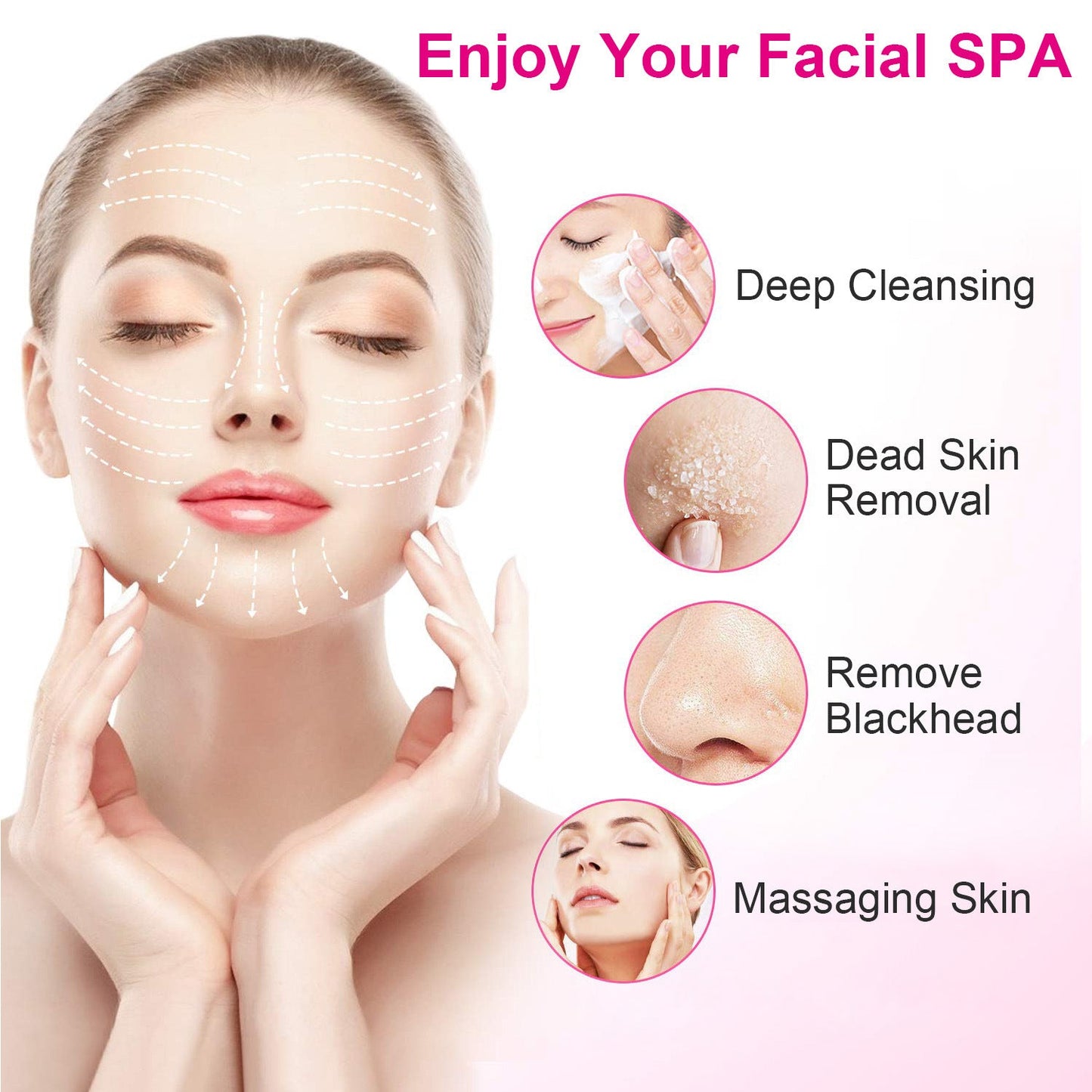 Pink-and-white electric facial cleansing brush with round bristle head