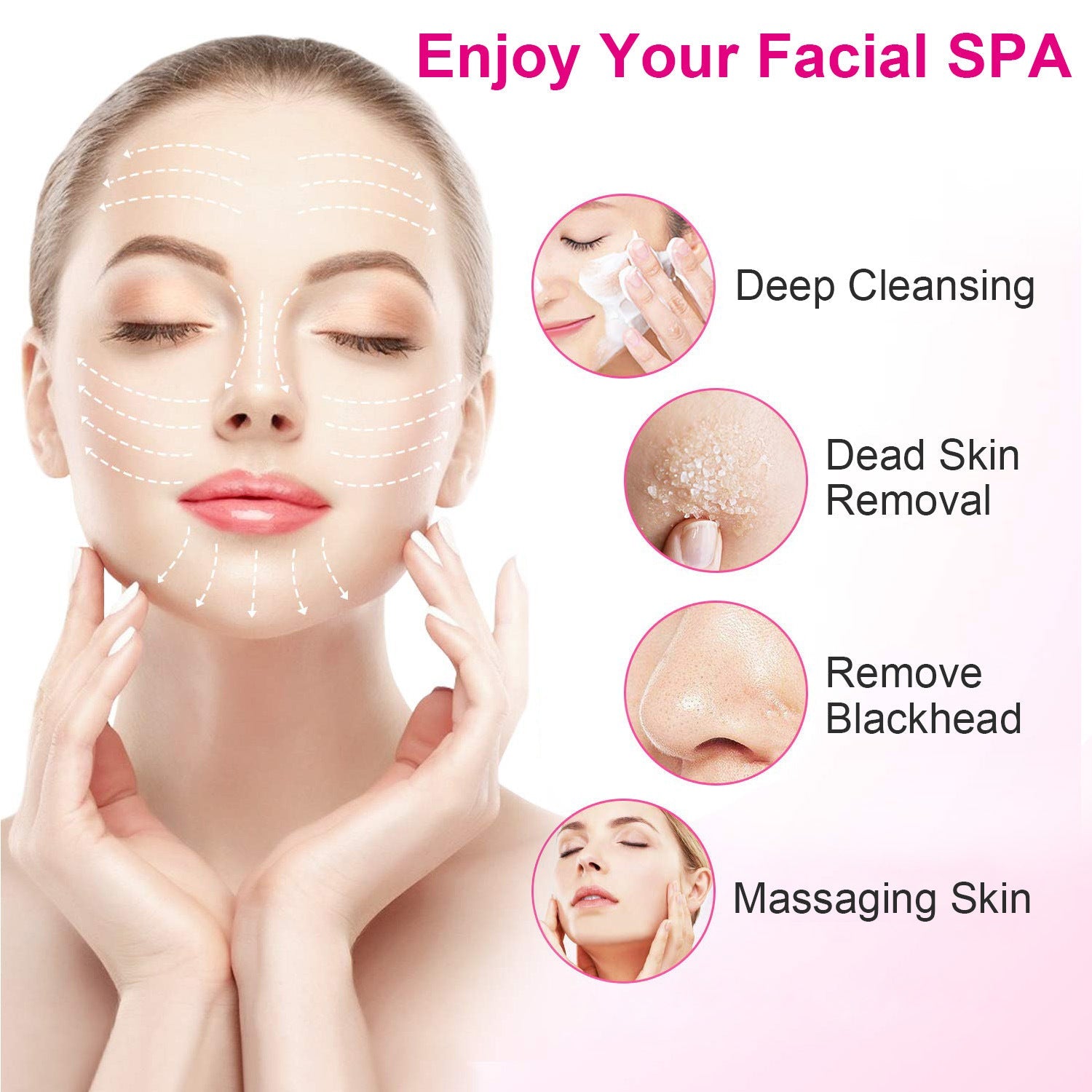 Pink-and-white electric facial cleansing brush with round bristle head