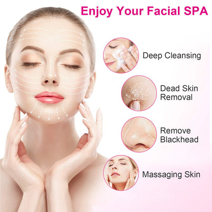 Pink-and-white electric facial cleansing brush with round bristle head