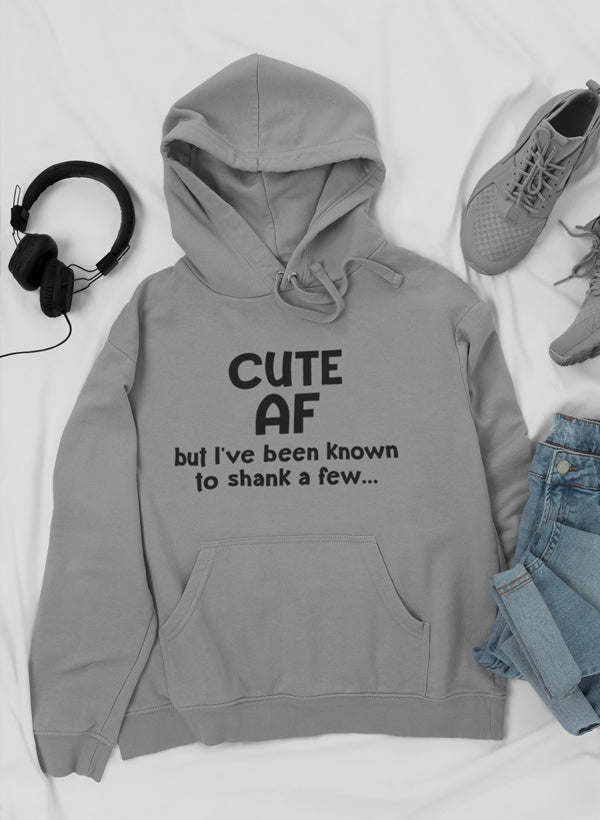 Heather gray hoodie with hood, drawstrings, kangaroo pocket, and 'CUTE AF' front text