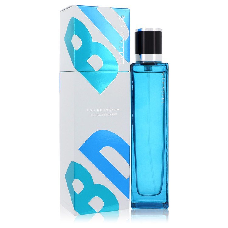 Men's Eau de Parfum spray bottle with black cap and blue glass, in matching box