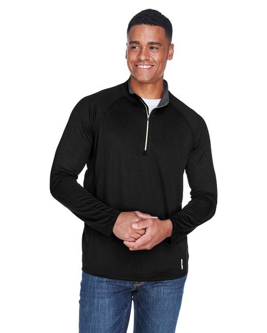 Men's black performance quarter-zip long-sleeve top with blue zipper and trim
