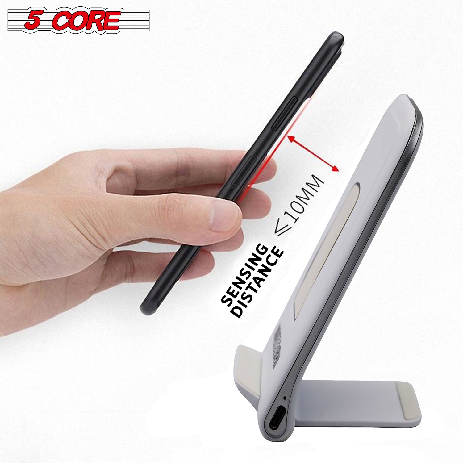 White wireless charger stand with front USB port and slim, angled design