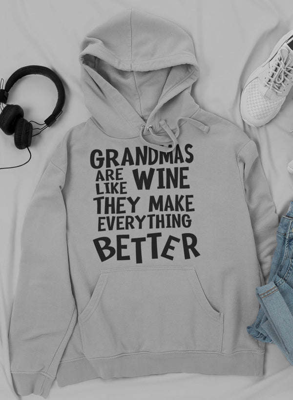 Light pullover hoodie with hood, drawstrings, and bold front slogan graphic