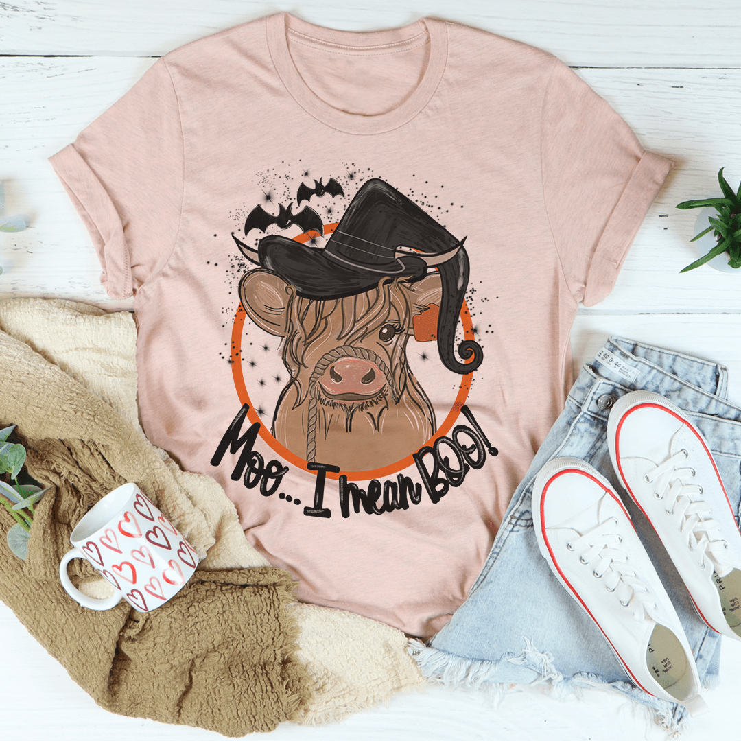 Peach cow graphic T-shirt with black hat and Boo text, crew neck short sleeves