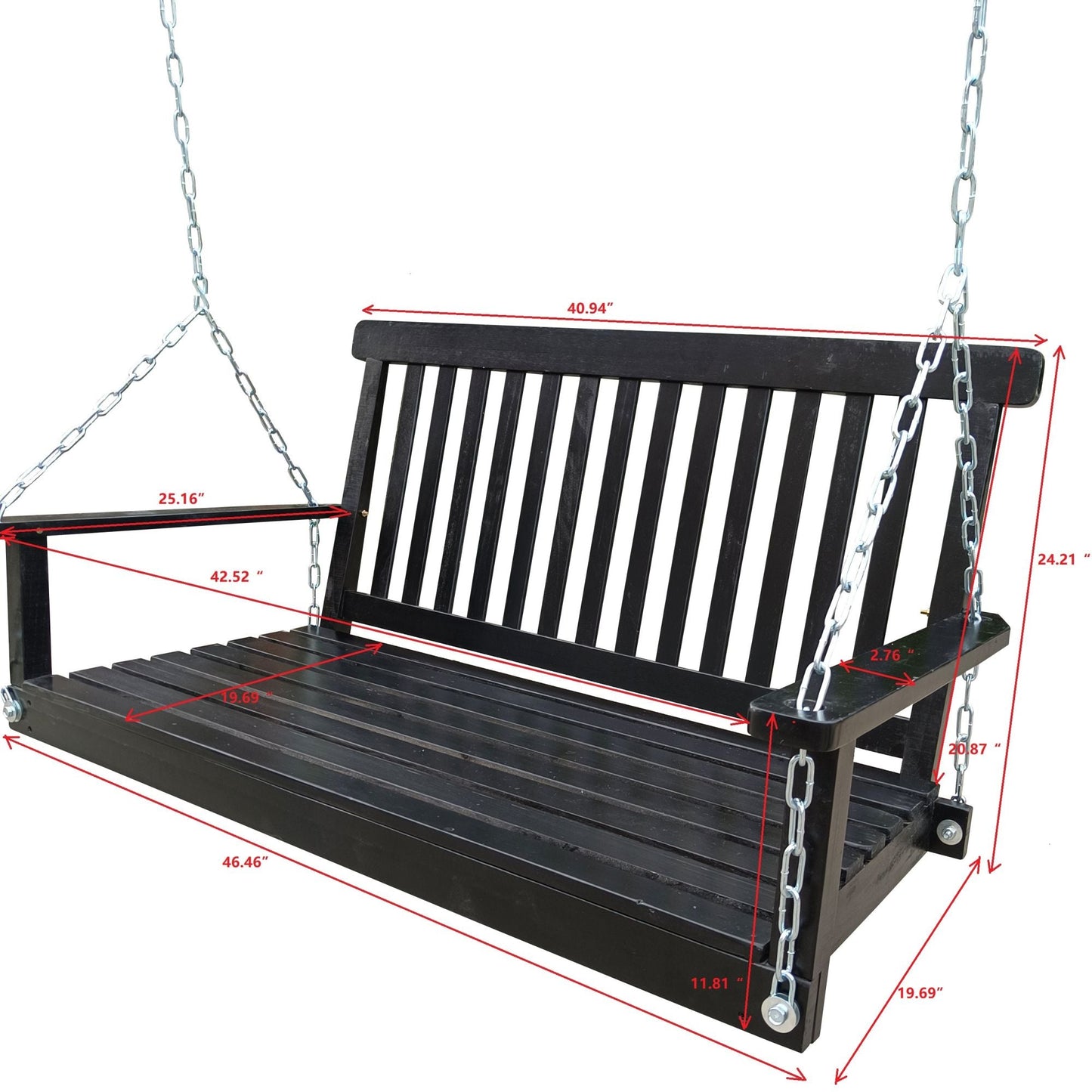 Black wood bench swing with armrests and hanging chains; product dimensions shown.