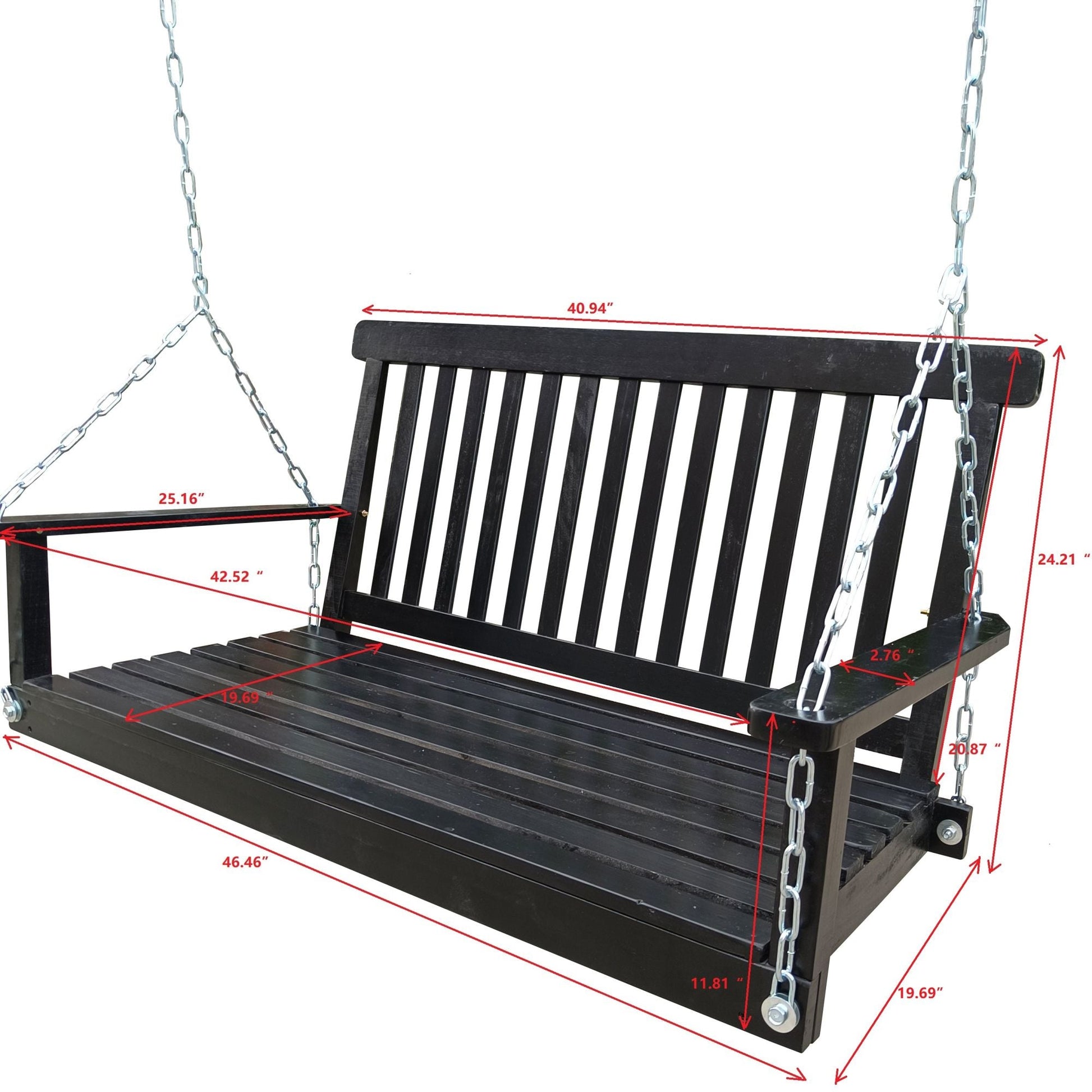 Black wood bench swing with armrests and hanging chains; product dimensions shown.