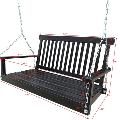 Black wood bench swing with armrests and hanging chains; product dimensions shown.