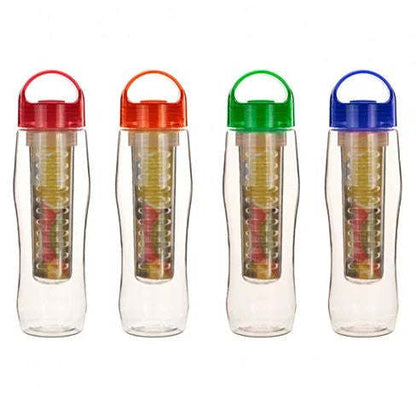 Fruit infuser water bottle set with red, orange, green, and blue lids; transparent bodies