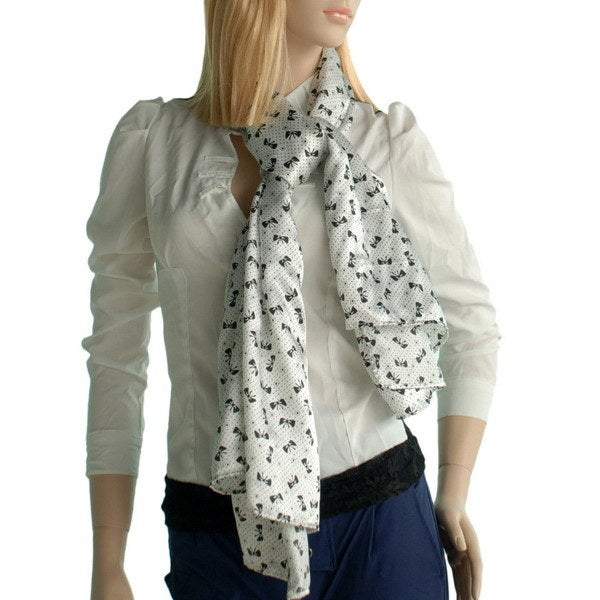 Silk scarf wrap with bowknot, white and black butterfly print