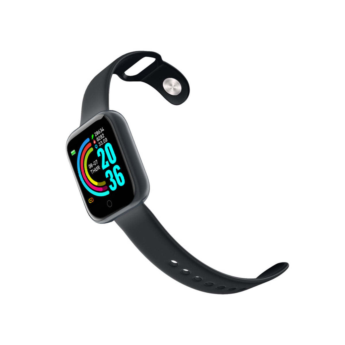Smart watch with black silicone strap and silver case, square display with time and stats