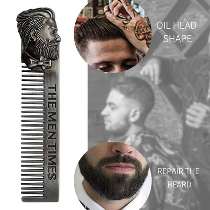 Stainless steel pocket beard comb with fine teeth and lion-face handle, dark metallic