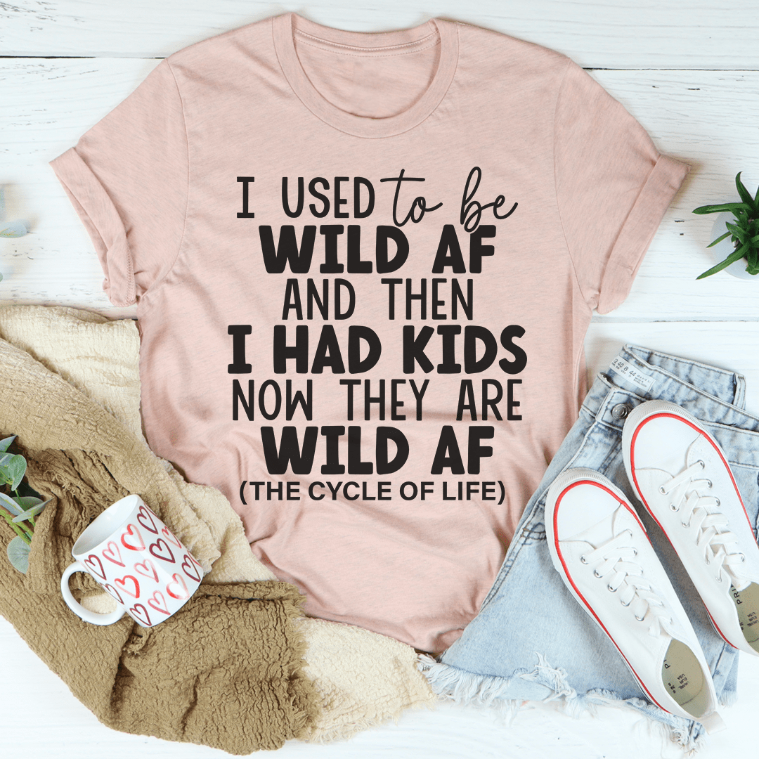 Mauve crewneck graphic T-shirt with 'wild AF' kids cycle slogan