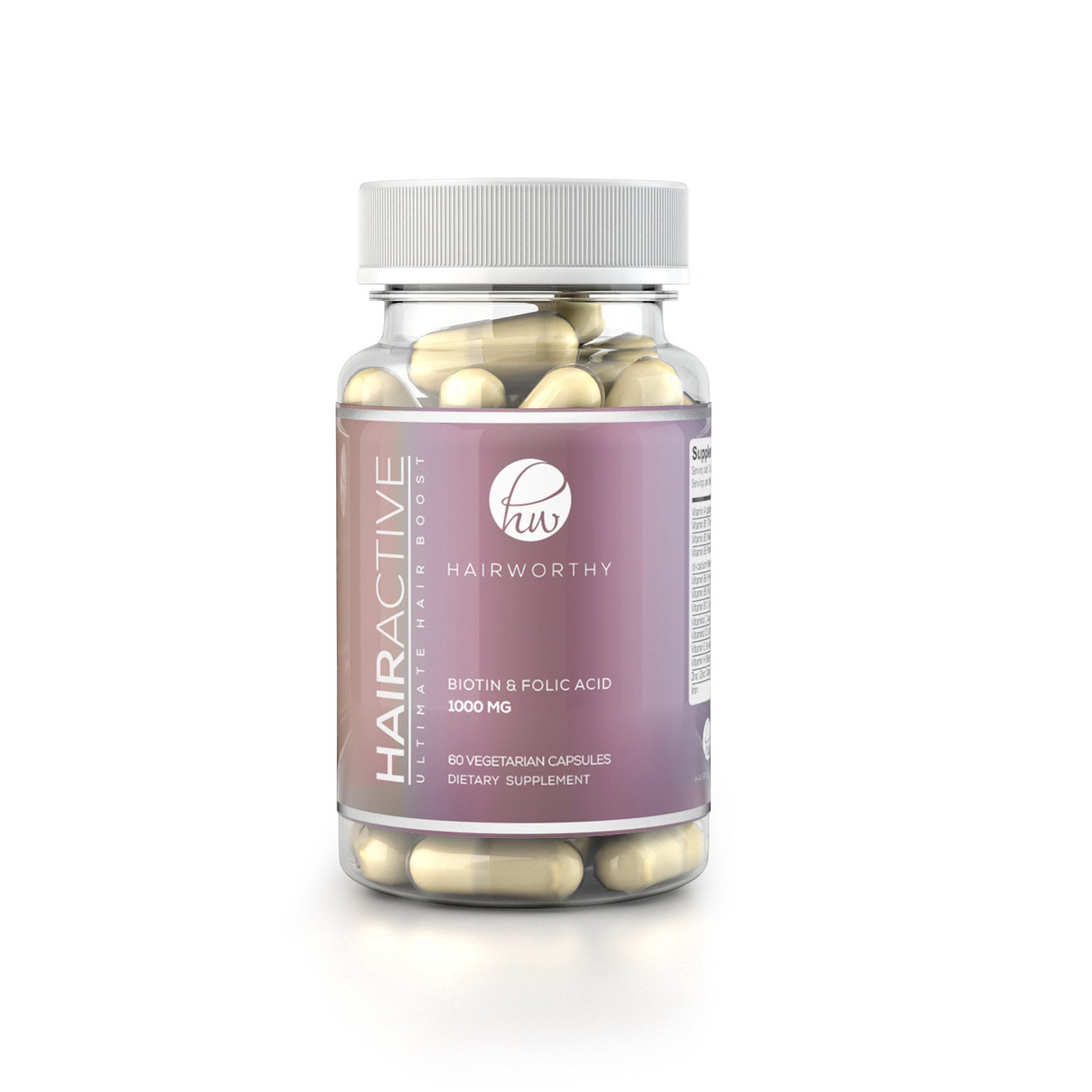 Hair growth supplement capsules bottle with golden capsules and purple label