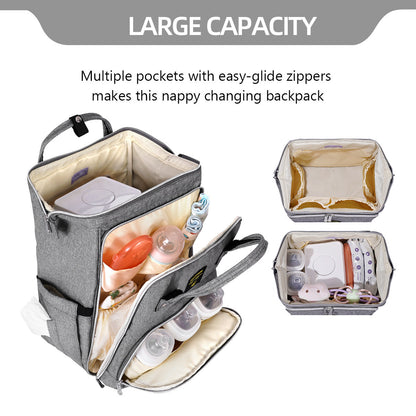Gray diaper bag backpack with multiple pockets and easy-access open compartments